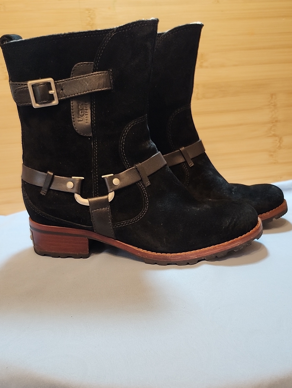 UGG Discontinued 5604 Black Suede Biker Boots With Wooden Heel